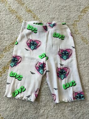 Disney White Ribbed Crop Pants with Pink and Green Cartoon Hearts